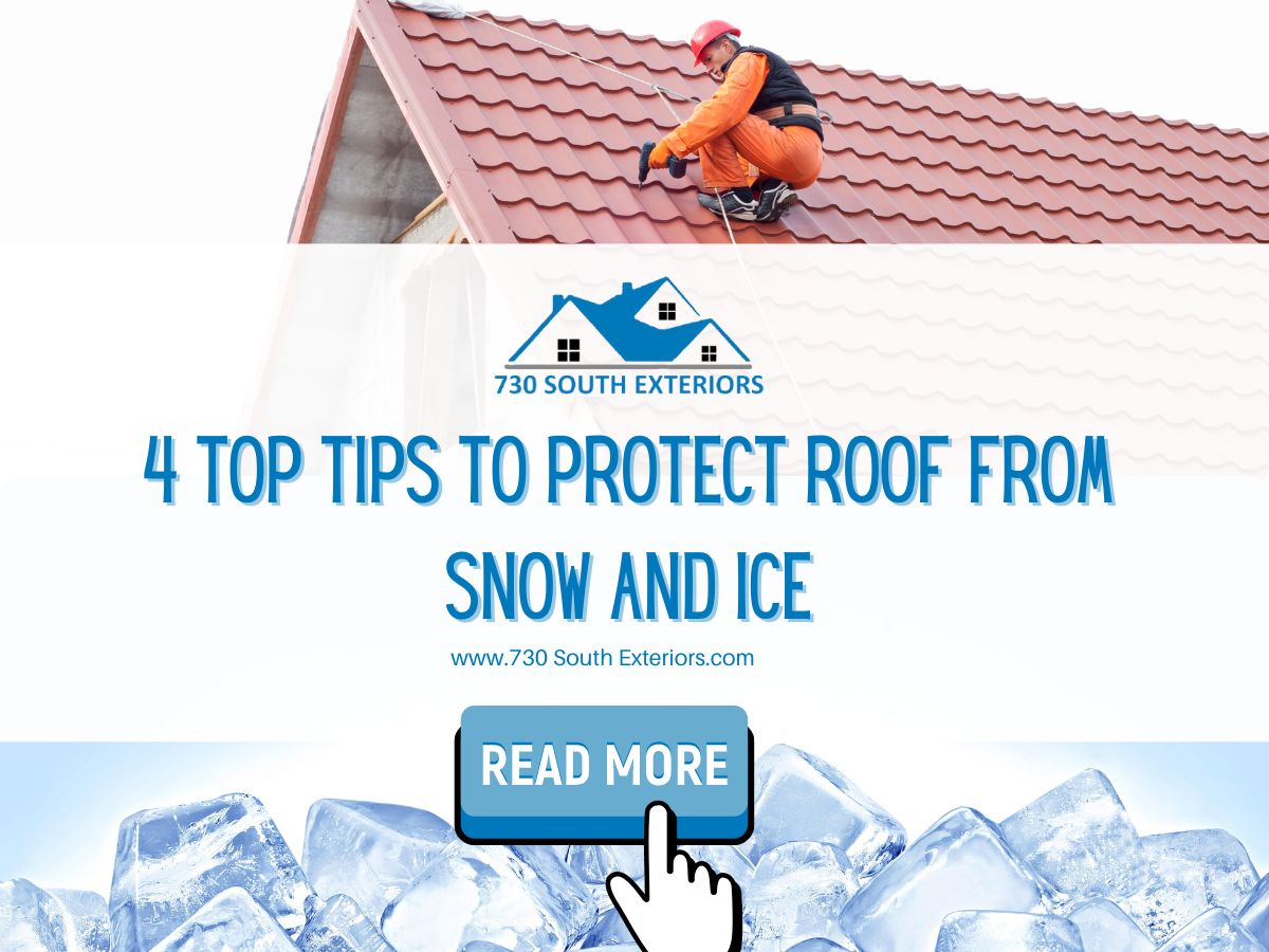 Front image of a blog titled "4 Top tips to protect roof from snow and ice " with a roofer on top of a tile roof and ice cubes as the background and the title displayed in elegant typography
