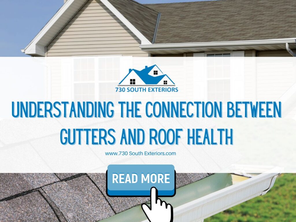 Front image of a blog titled " Understanding the connection between gutters and roof health " with roofers putting asphalt shingles on a roof as the background and the title displayed in elegant typography