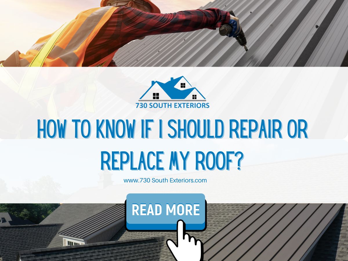 Front image of a blog titled "How to know if I should repair or replace my roof?" with roofers putting asphalt shingles on a roof as the background and the title displayed in elegant typography